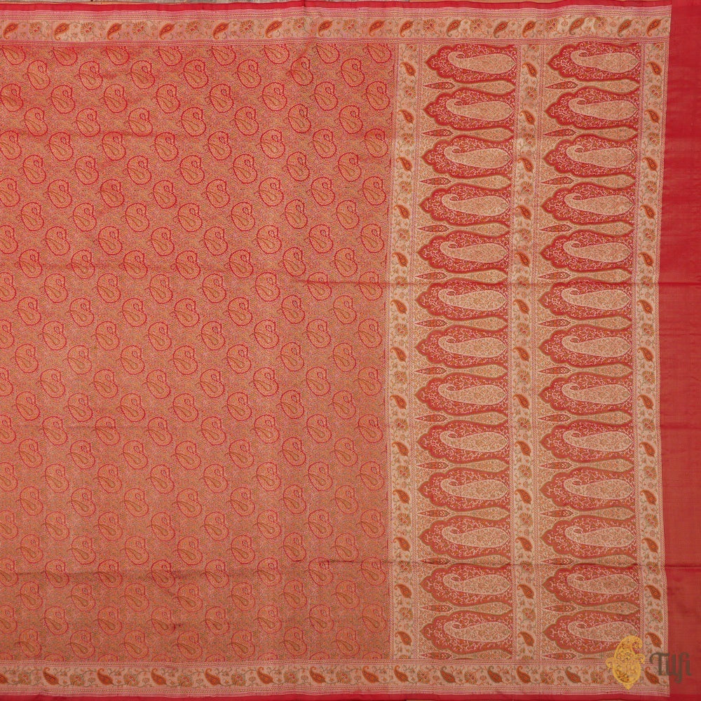 Red Pure Soft Satin Silk Tanchoi Jamawar Banarasi Handloom Saree