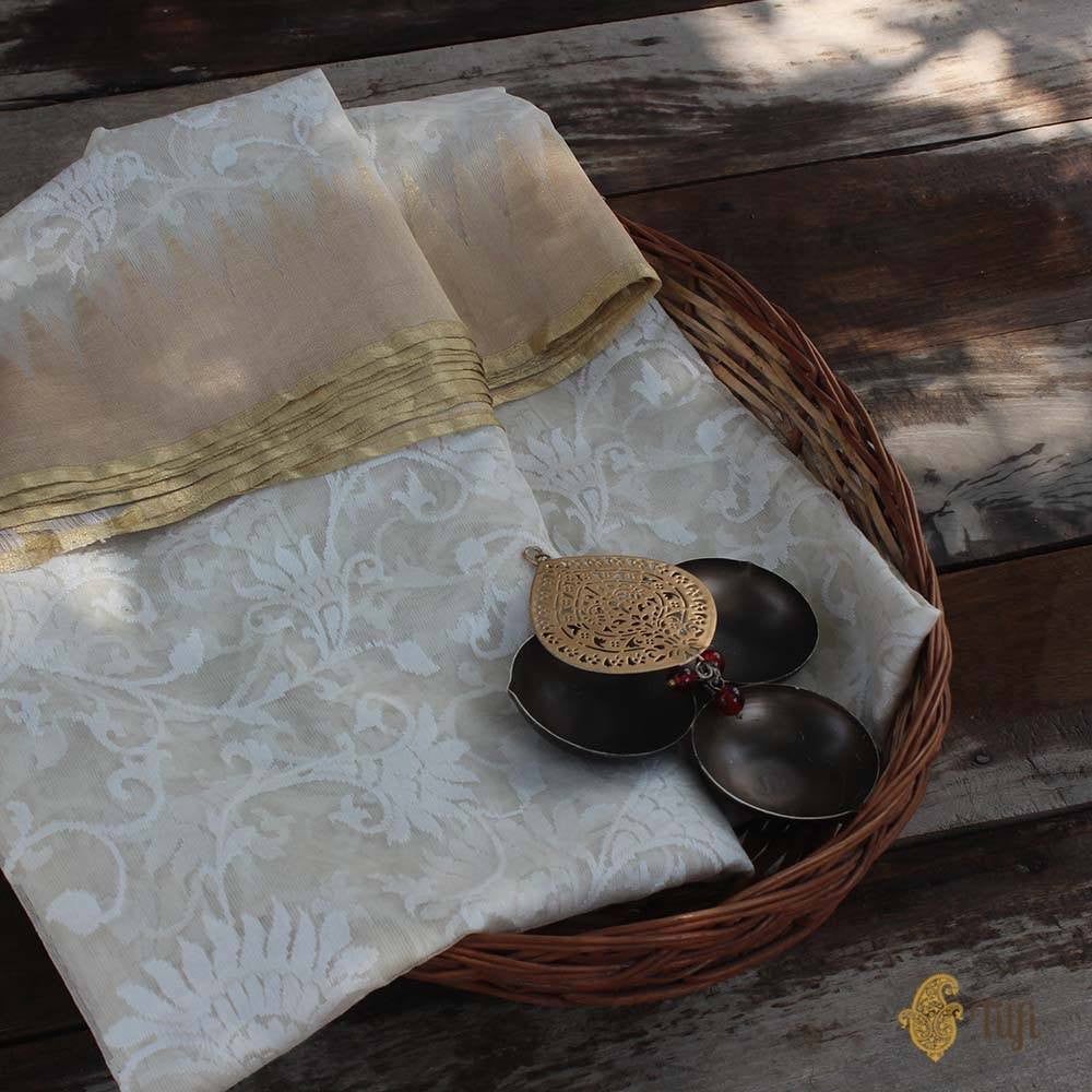 White Pure Kora Silk Net Banarasi Handloom Saree