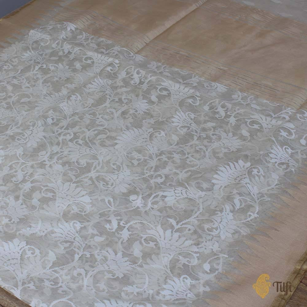 White Pure Kora Silk Net Banarasi Handloom Saree