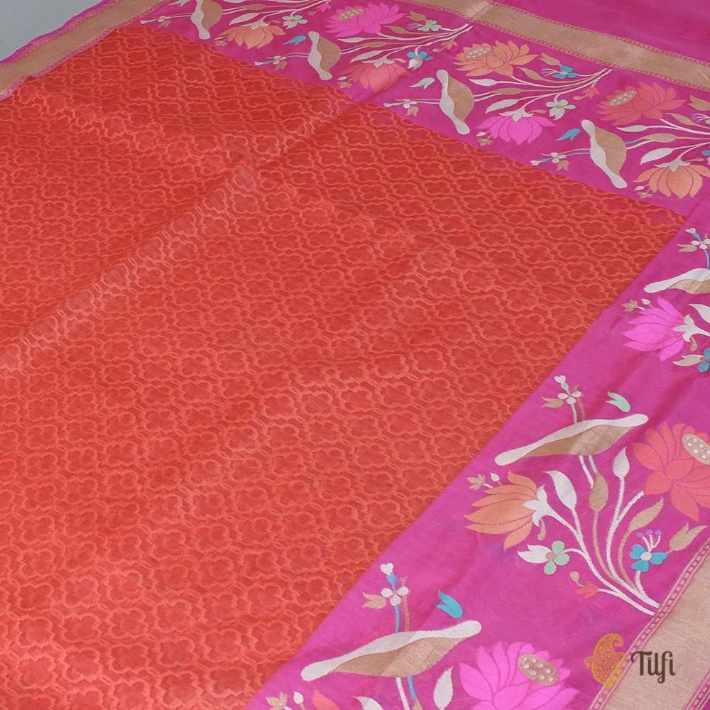 Orange-Gulabi Pink Pure Kora Silk Handwoven Banarasi Saree
