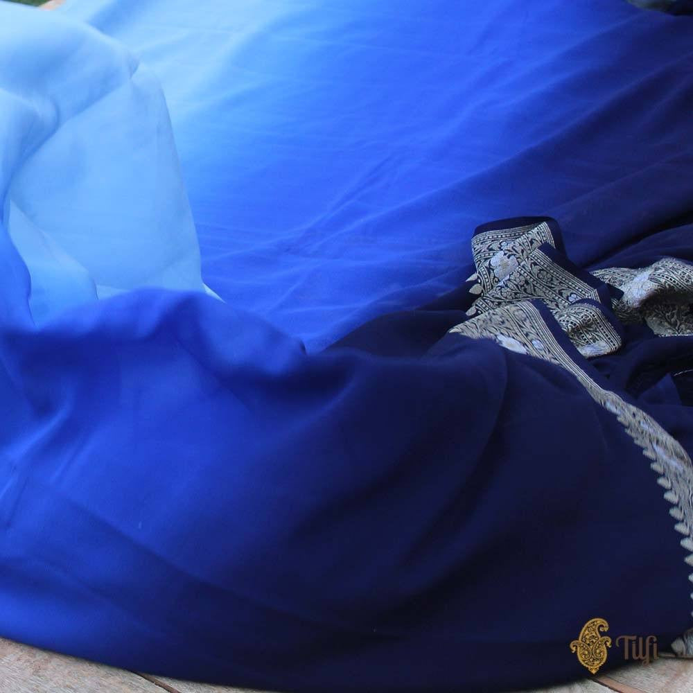 Blue Ombre Pure Chiffon Georgette Banarasi Handloom Saree
