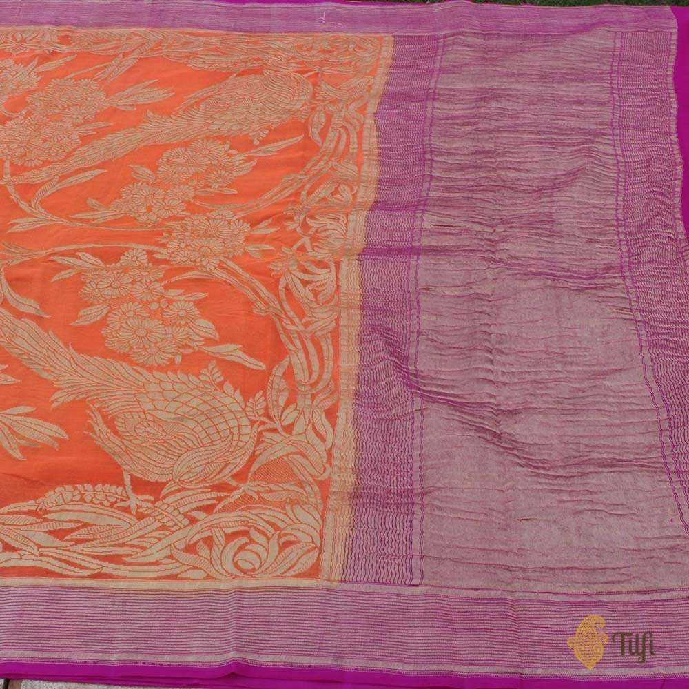 Orange Pure Chiffon Georgette Banarasi Handloom Saree