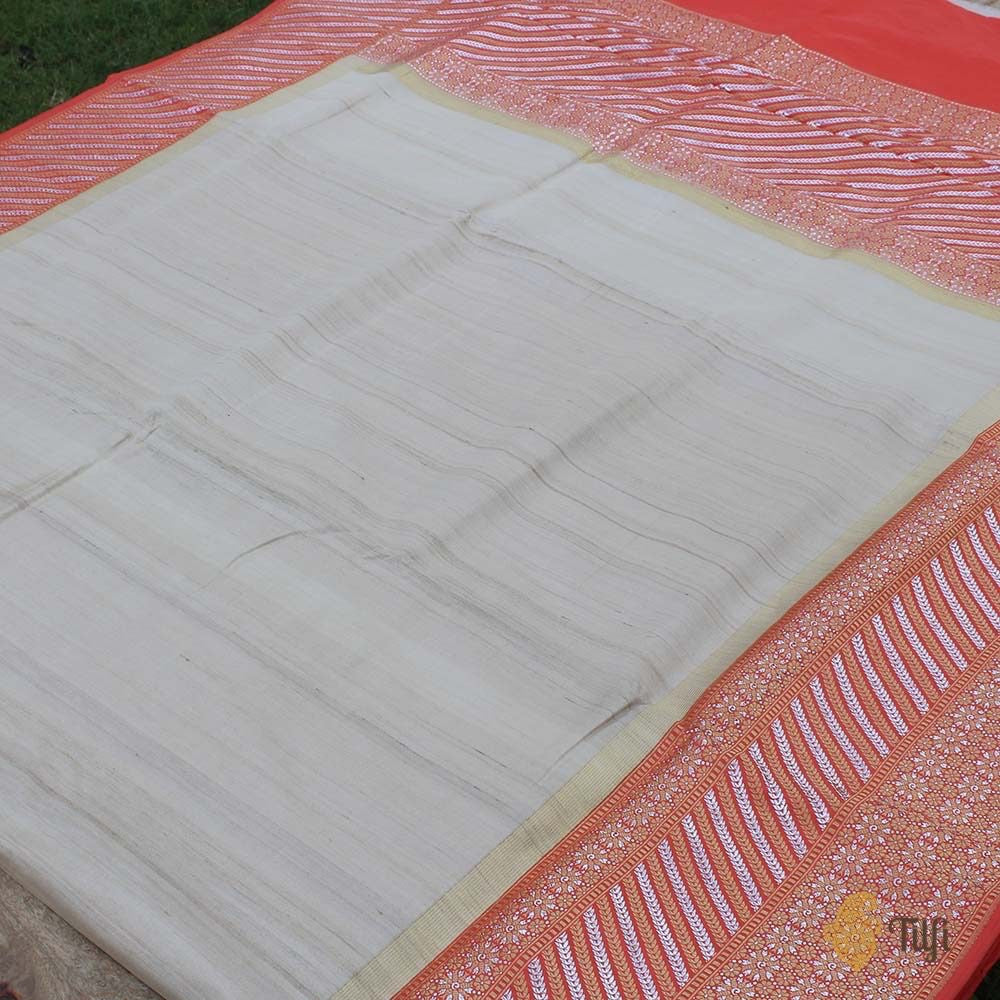 Tussar-Orange Pure Tussar Silk Handwoven Banarasi Saree