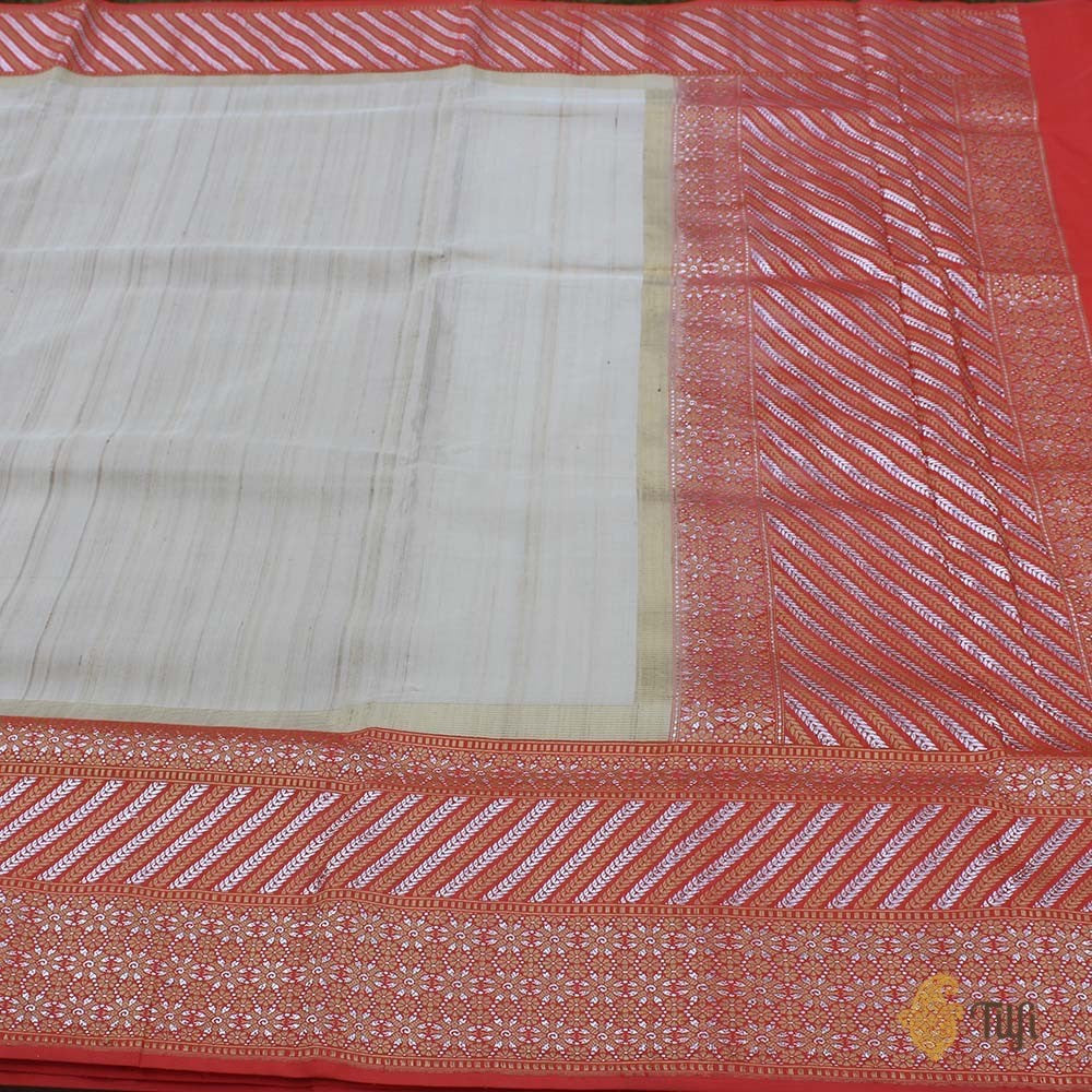 Tussar-Orange Pure Tussar Silk Handwoven Banarasi Saree