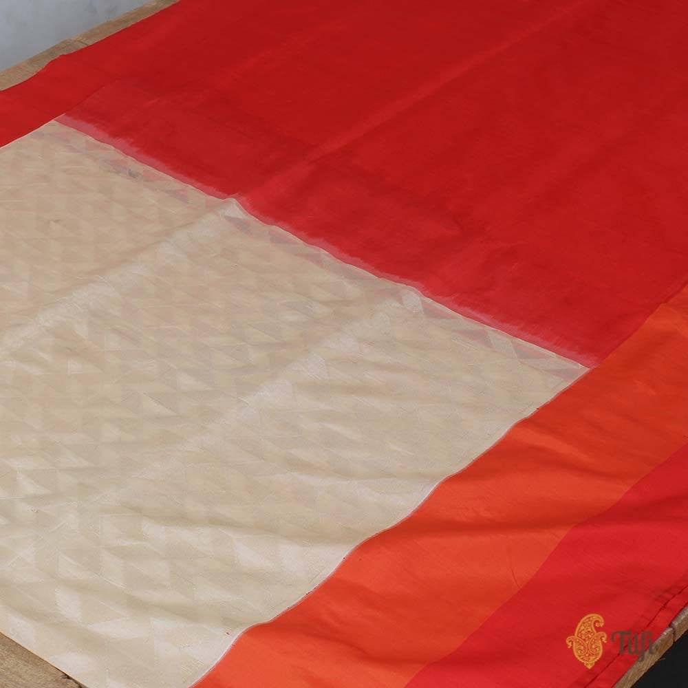 Off-White-Orange Pure Katan Silk Banarasi Handloom Saree