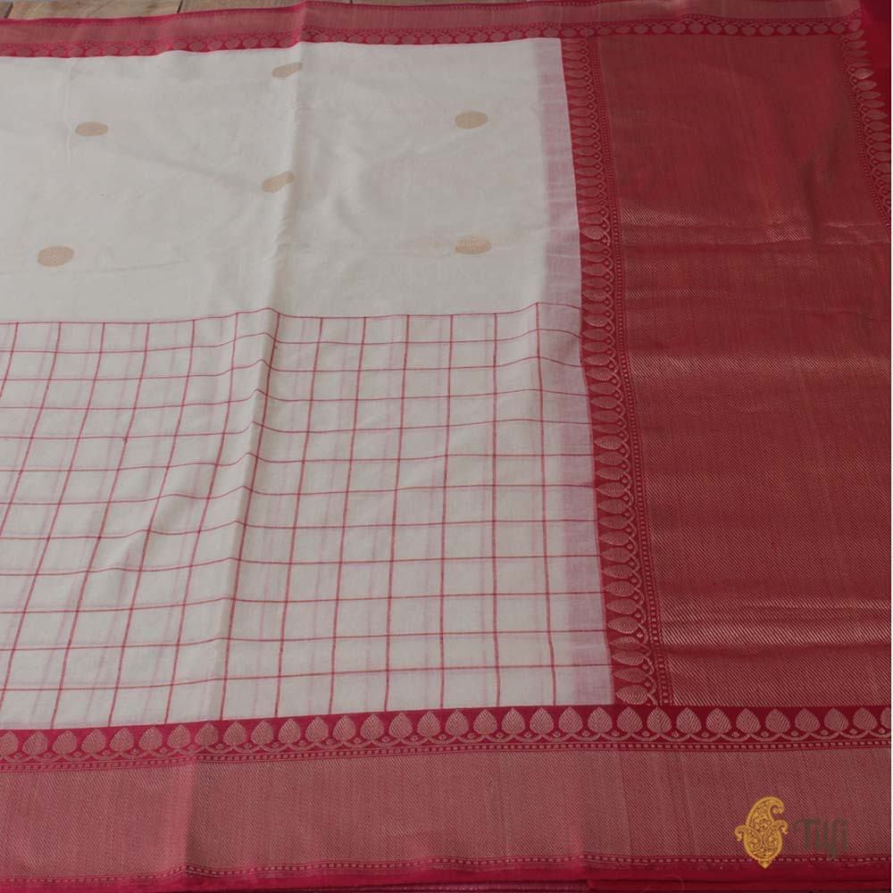 Off-White-Red Pure Cotton Banarasi Kadiyal Handloom Saree