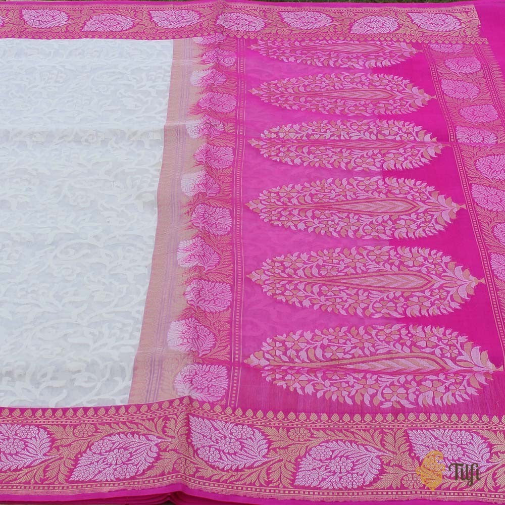 White-Pink Pure Kora Silk Banarasi Handloom Saree