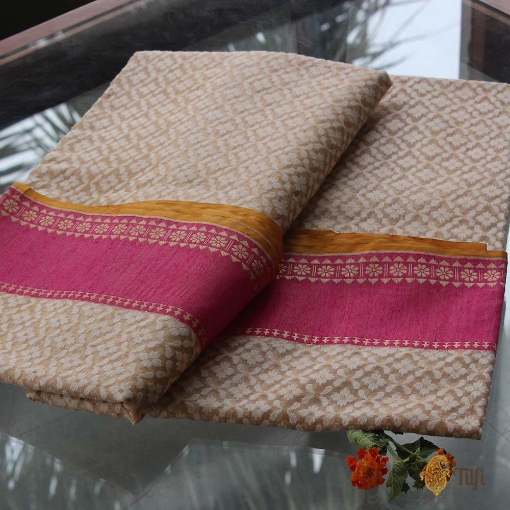 Beige-Pink Pure Kora Silk Banarasi Handloom Saree