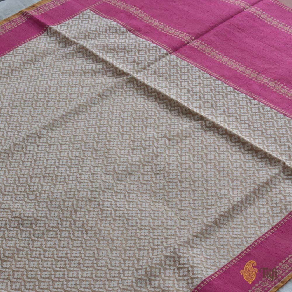 Beige-Pink Pure Kora Silk Banarasi Handloom Saree