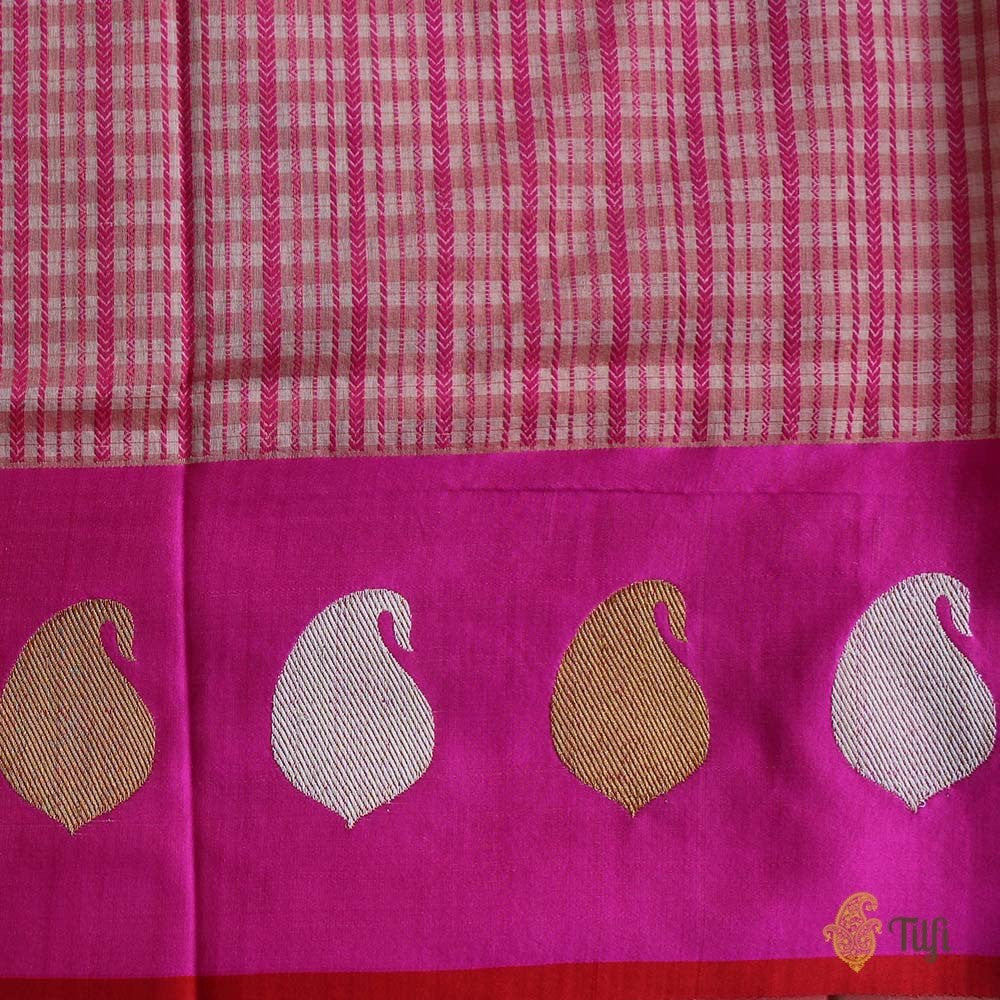 Tussar-Pink Pure Kora Silk Banarasi Handloom Saree