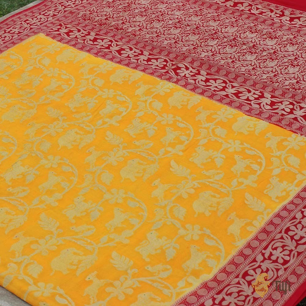 Deep Yellow-Red Pure Chiffon Georgette Banarasi Handloom Saree