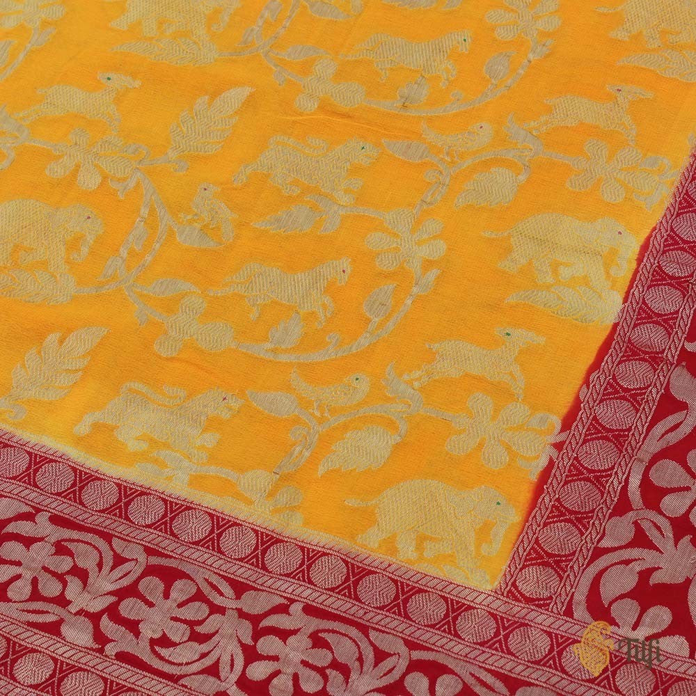 Deep Yellow-Red Pure Chiffon Georgette Banarasi Handloom Saree