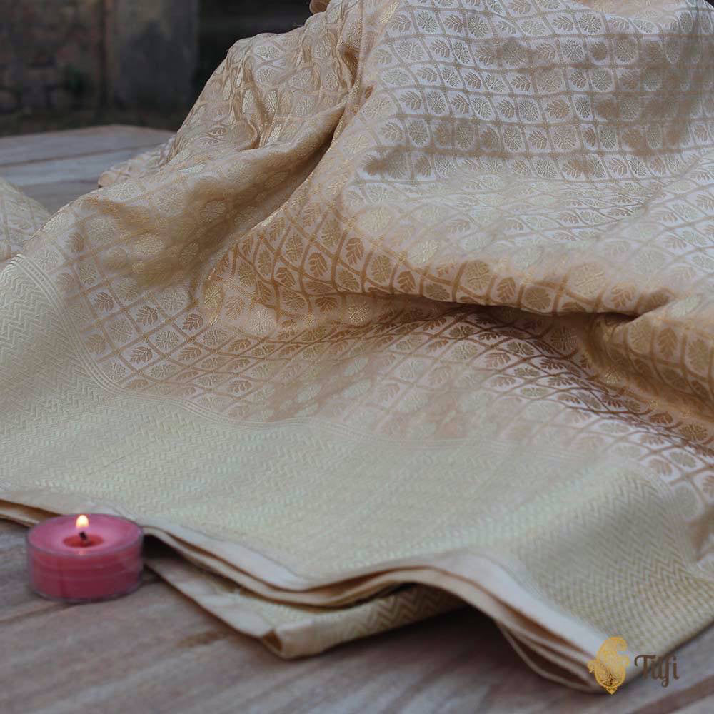 Off-White-Gold Pure Soft Satin Silk Banarasi Handloom Saree
