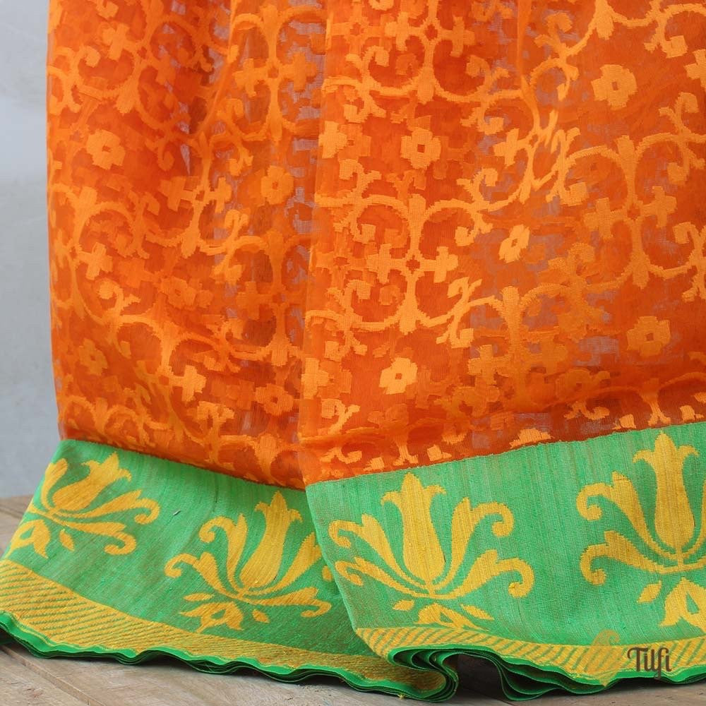 Orange-Green Pure Kora Net Banarasi Handloom Saree
