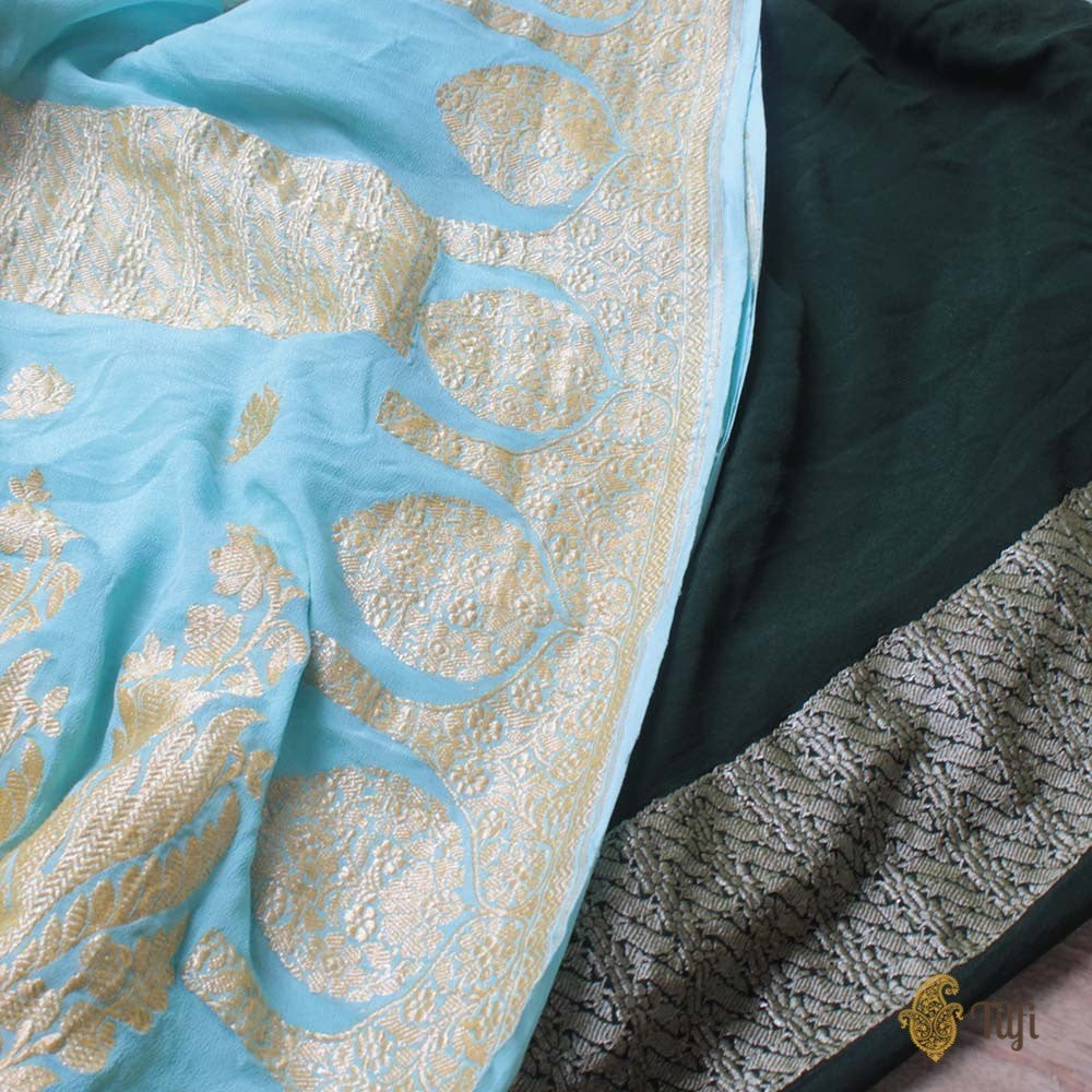 Emerald Green-Aqua Blue Ombr√© Pure Chiffon Georgette Banarasi Handloom Saree