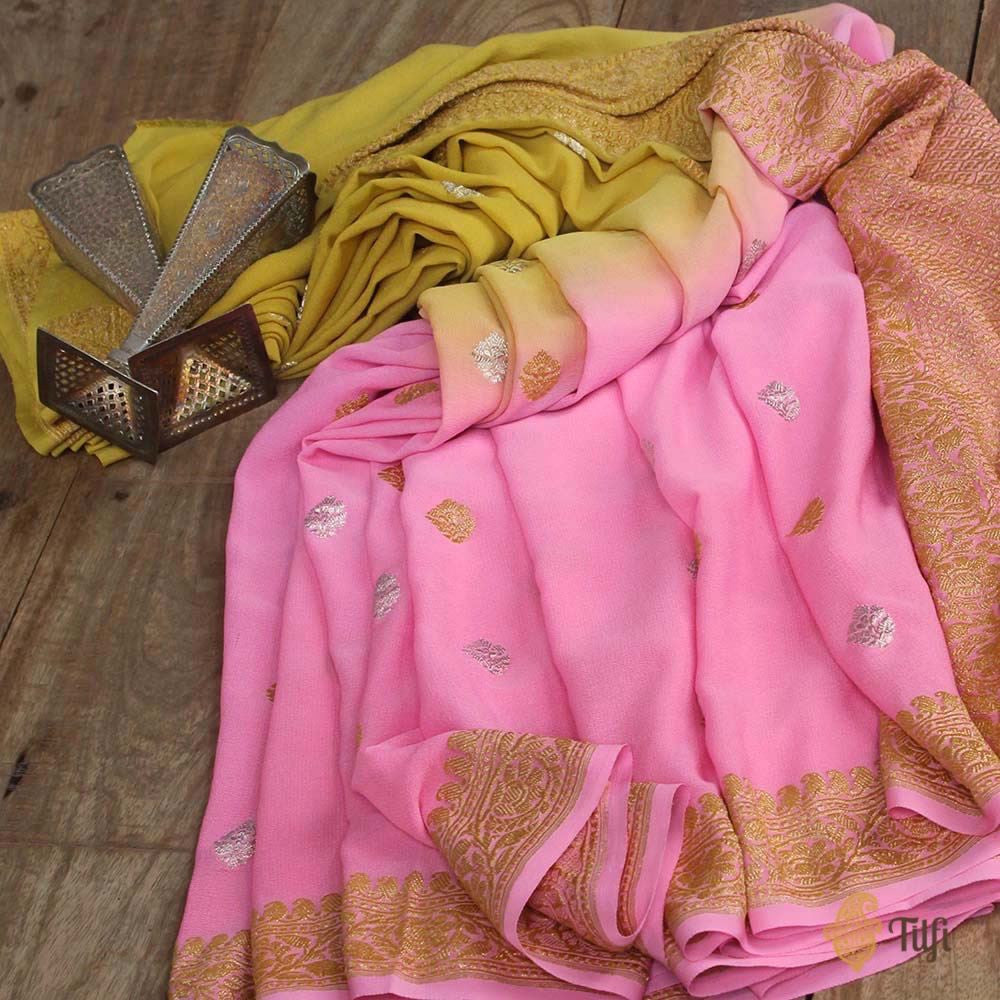 Sand Yellow-Rose Pink Ombr√© Pure Chiffon Georgette Banarasi Handloom Saree