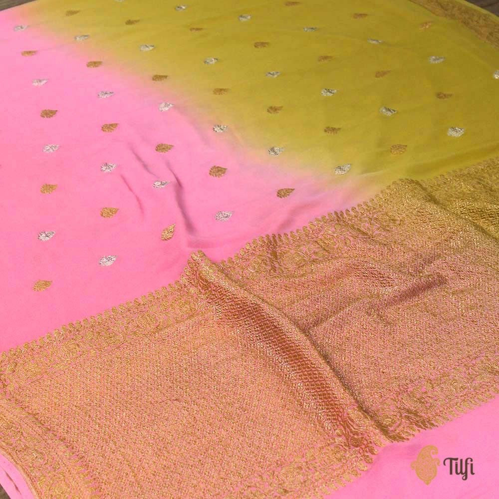 Sand Yellow-Rose Pink Ombr√© Pure Chiffon Georgette Banarasi Handloom Saree