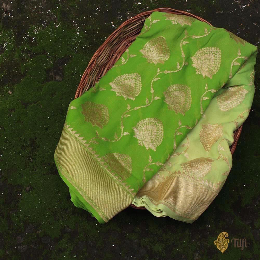 Lime Green Ombre Pure Chiffon Georgette Banarasi Handloom Saree