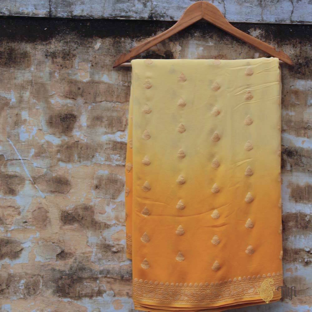 Yellow Ombre Pure Chiffon Georgette Banarasi Handloom Saree