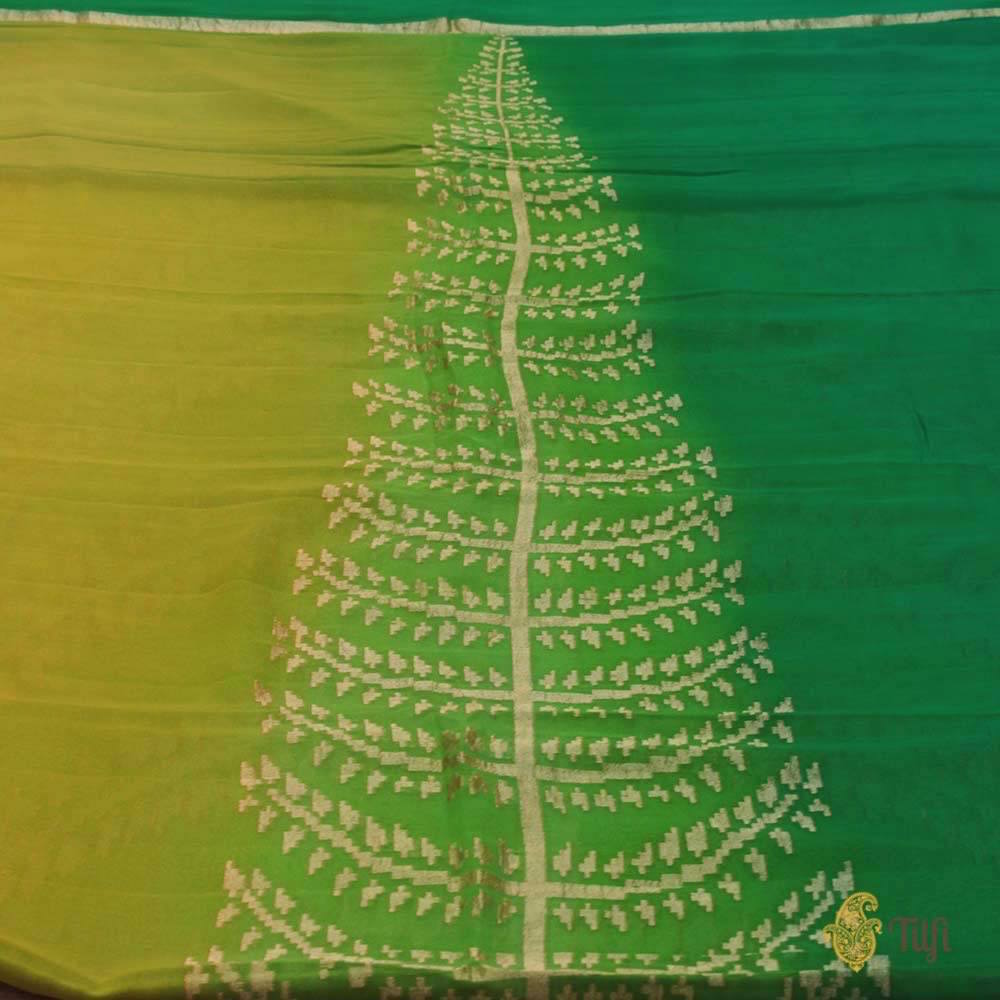 Yellow-Green Ombre Pure Chiffon Georgette Banarasi Handloom Saree