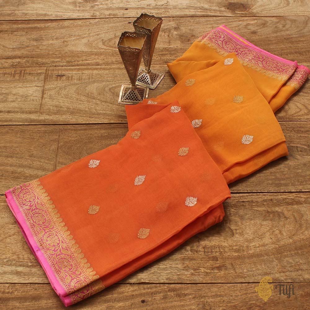 Yellow-Orange Ombr√© Pure Chiffon Georgette Banarasi Handloom Saree