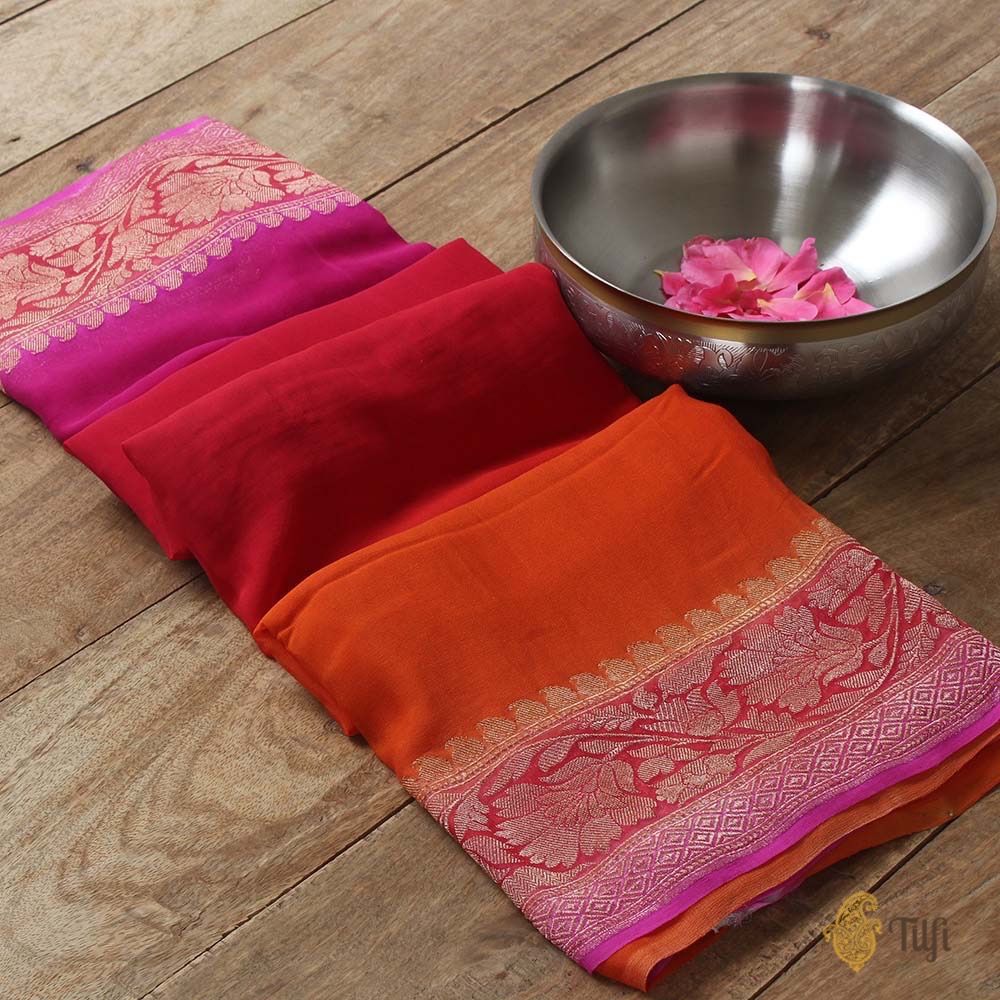 Pink-Orange Ombre Pure Chiffon Georgette Banarasi Handloom Saree