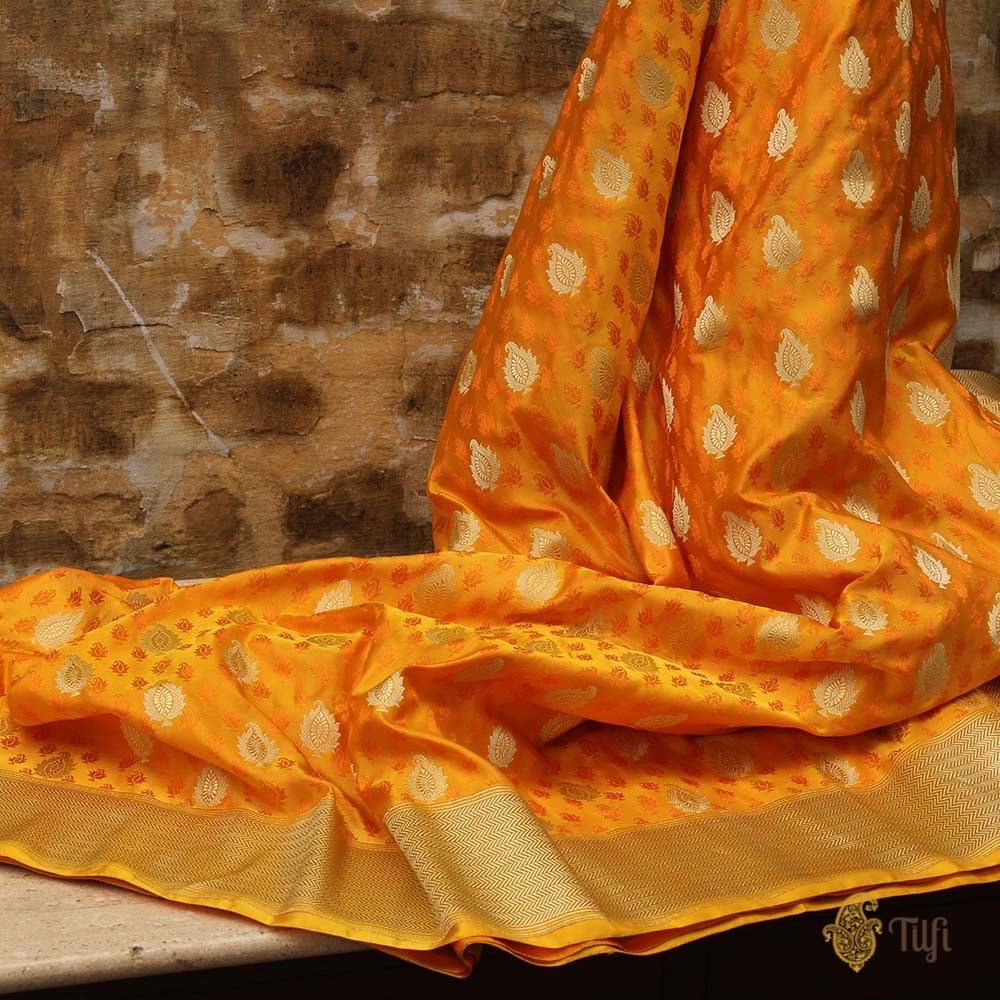Orange-Yellow Pure Soft Satin Silk Banarasi Handloom Saree