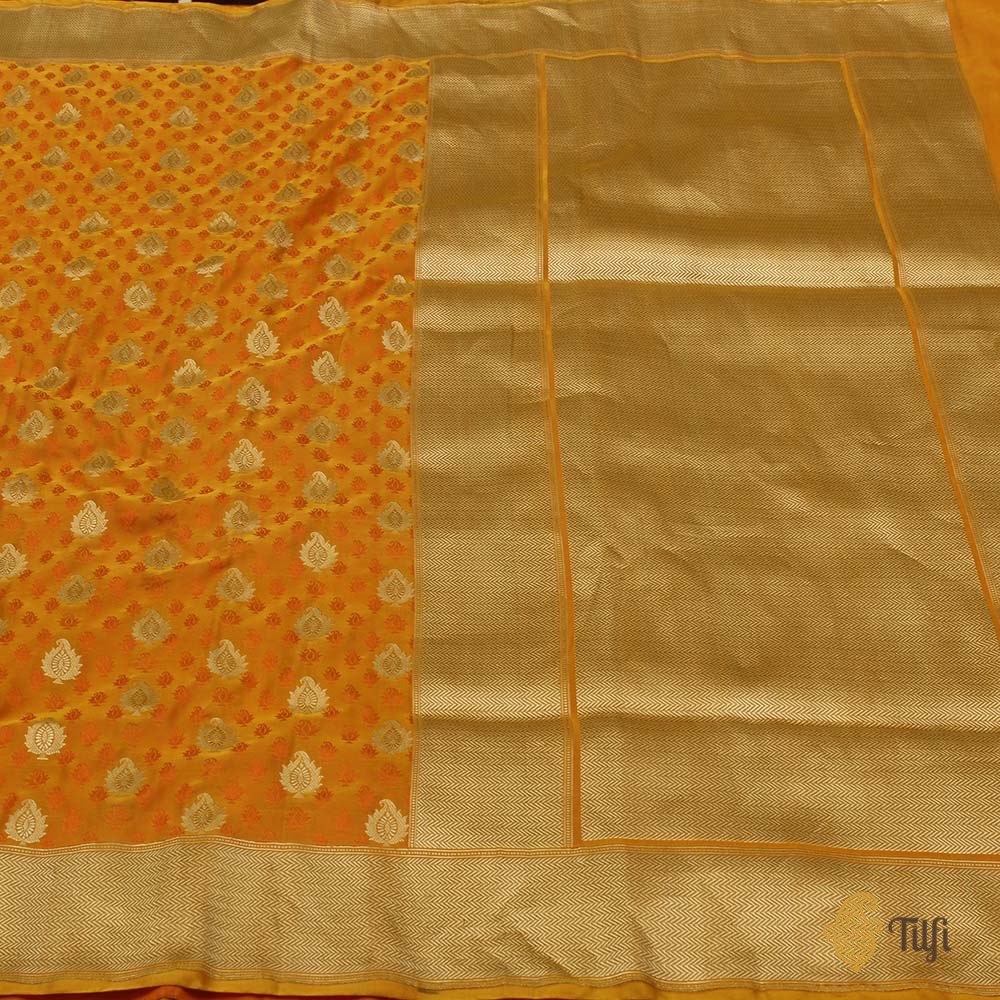 Orange-Yellow Pure Soft Satin Silk Banarasi Handloom Saree