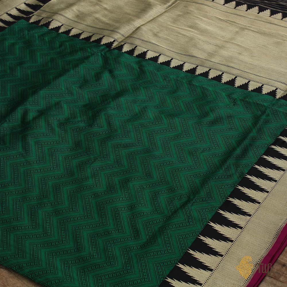Bottle Green-Black Pure Soft Satin Silk Banarasi Handloom Saree