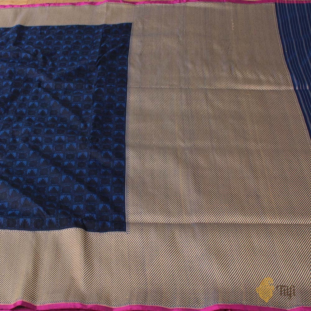Royal Blue-Black Pure Soft Satin Banarasi Handloom Saree