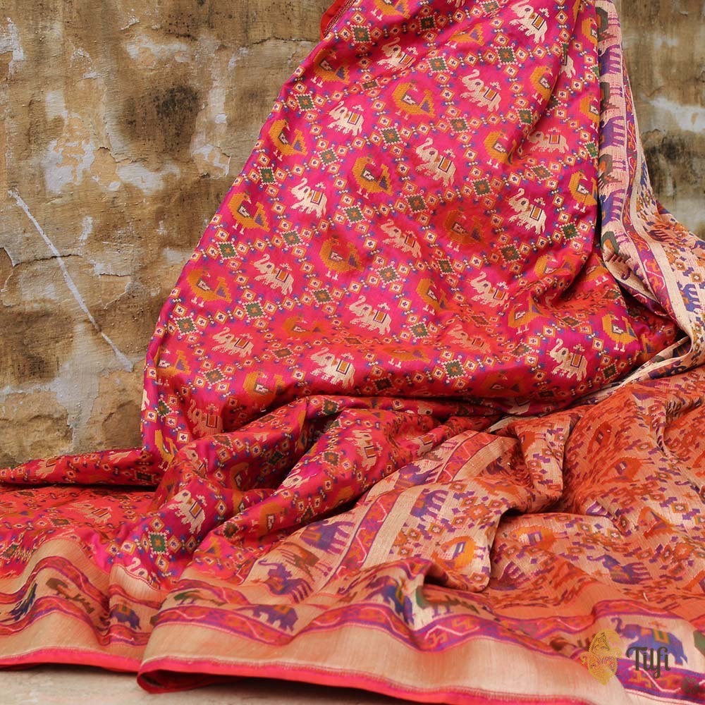 Orange-Rani Pink Pure Katan Silk Banarasi Patola Handloom Saree