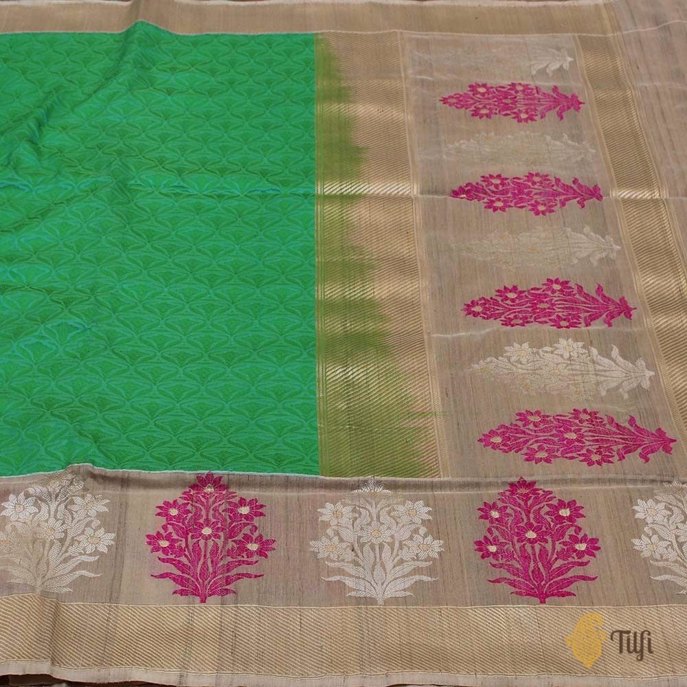Parrot Green-Sea Green Pure Katan Silk Banarasi Handloom Saree