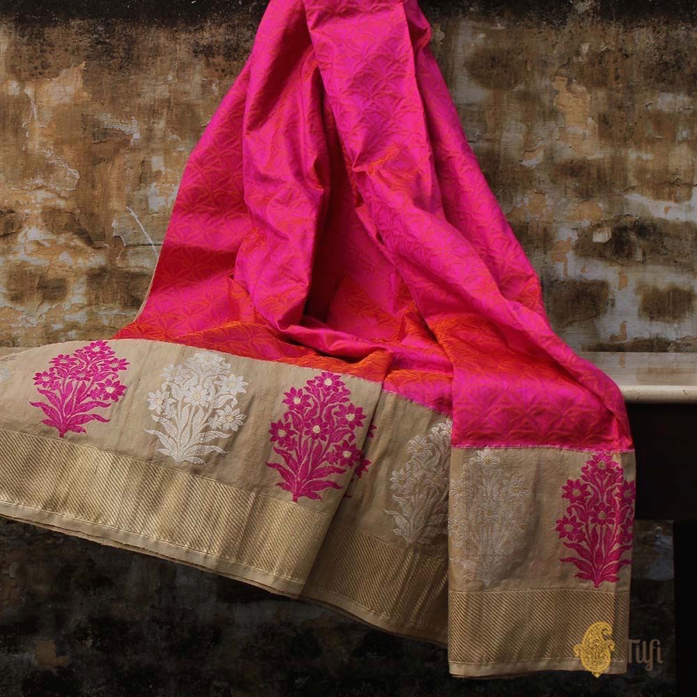 Indian Pink-Orange-Rani Pink Pure Katan Silk Banarasi Handloom Saree