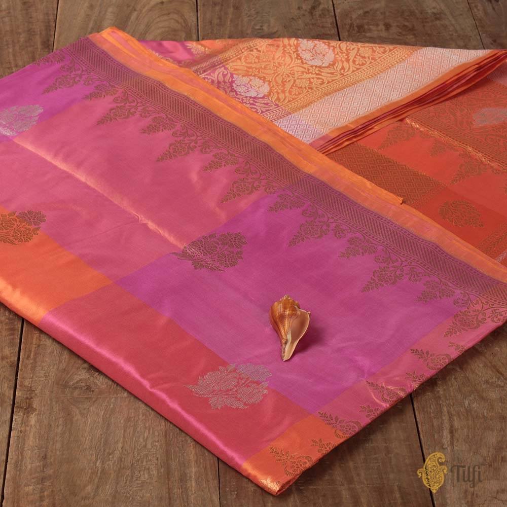 Orange-Pink Checkered Pure Katan Silk Handloom Banarasi Saree