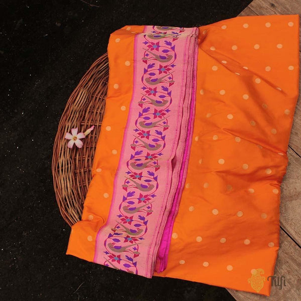 Yellow-Orange Pure Katan Silk Banarasi Paithani Handloom Saree - Tilfi