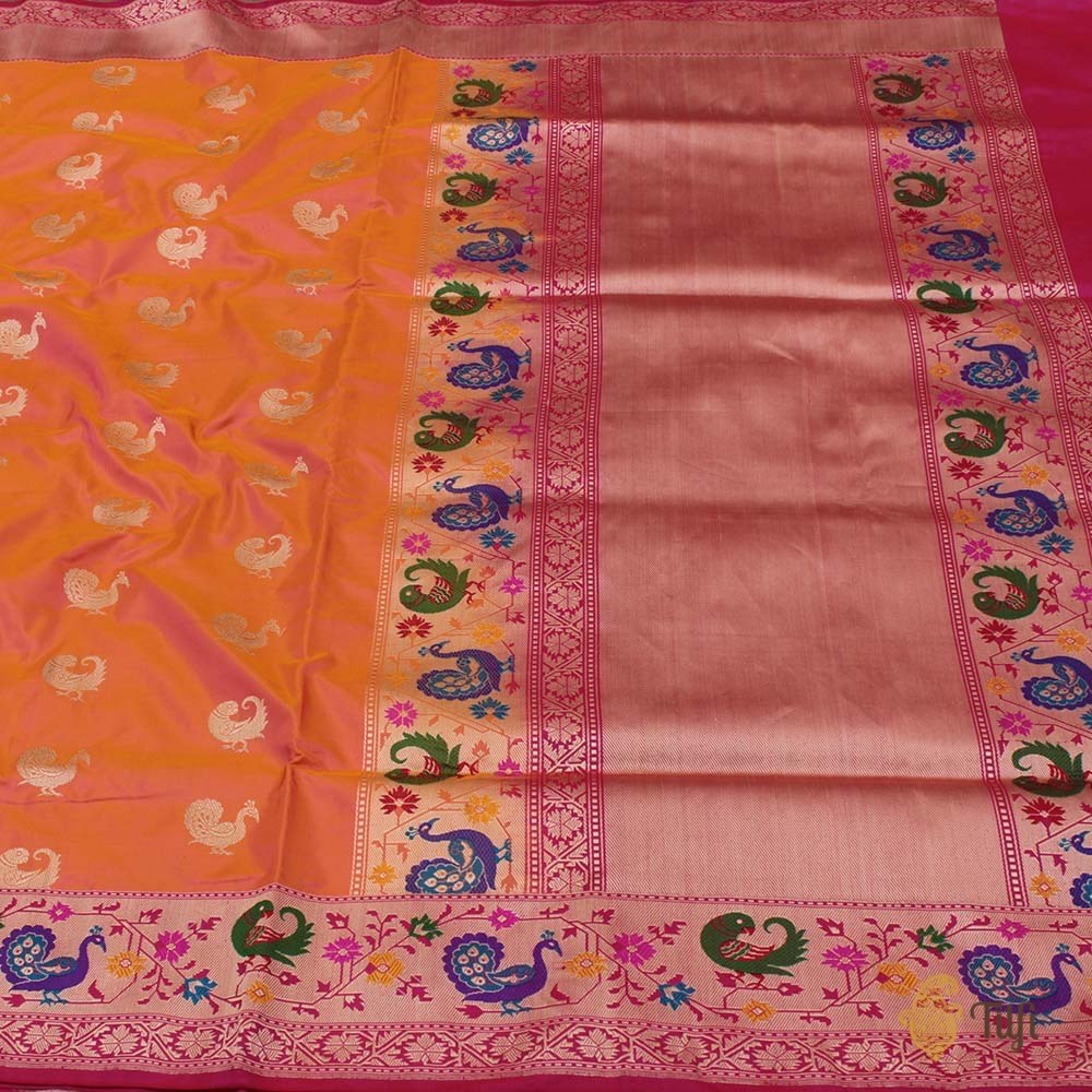 Yellow-Gulabi Pink Pure Katan Silk Banarasi Paithani Handloom Saree