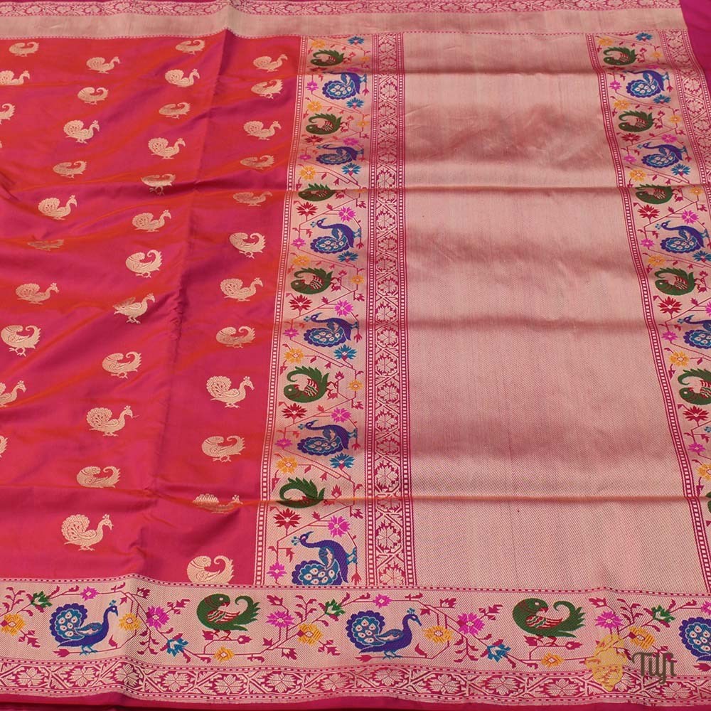 Orange-Rani Pink Pure Katan Silk Banarasi Paithani Handloom Saree