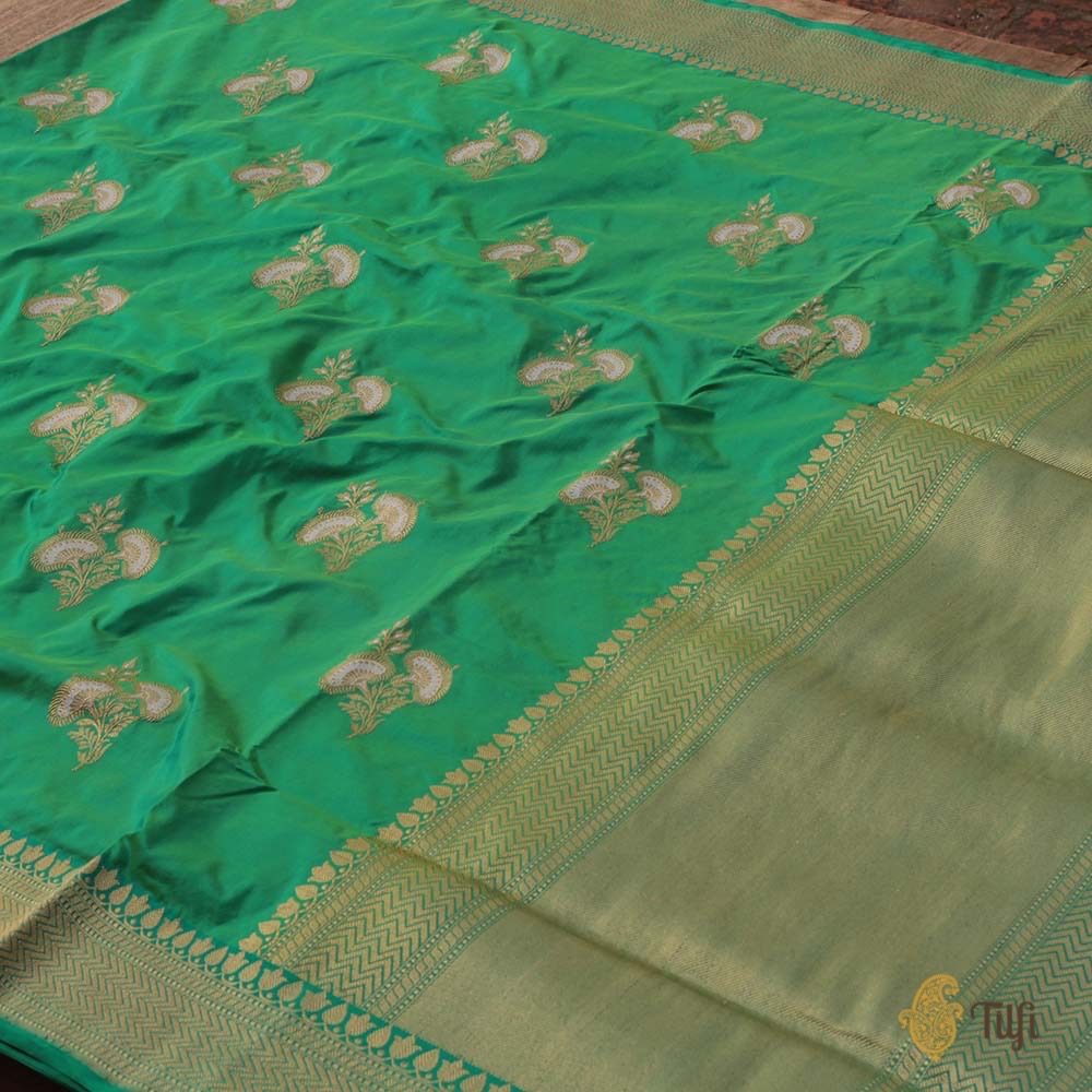 Green-Turquoise Pure Katan Silk Banarasi Handloom Saree