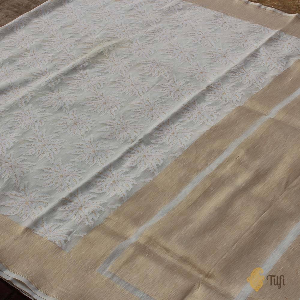 White Pure Linen Banarasi Handloom Saree