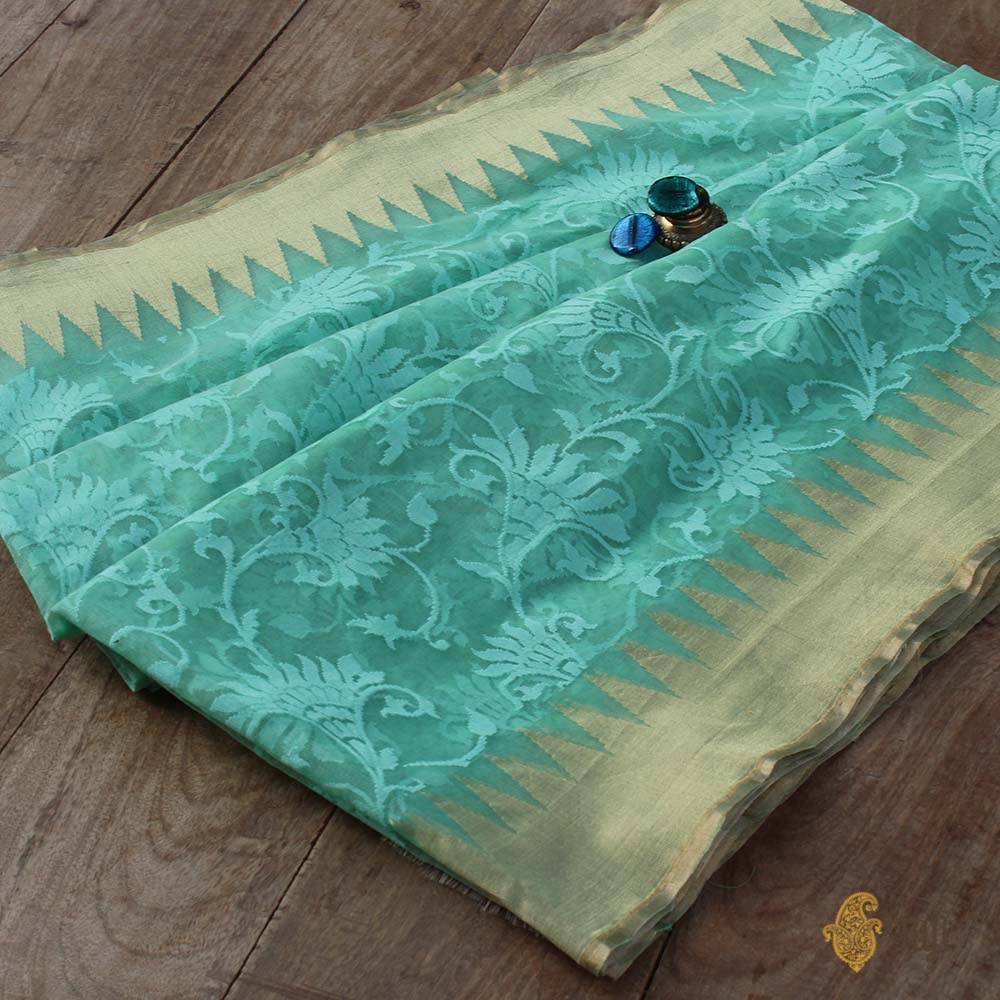 Turquoise Blue Pure Kora Silk Net Banarasi Handloom Saree