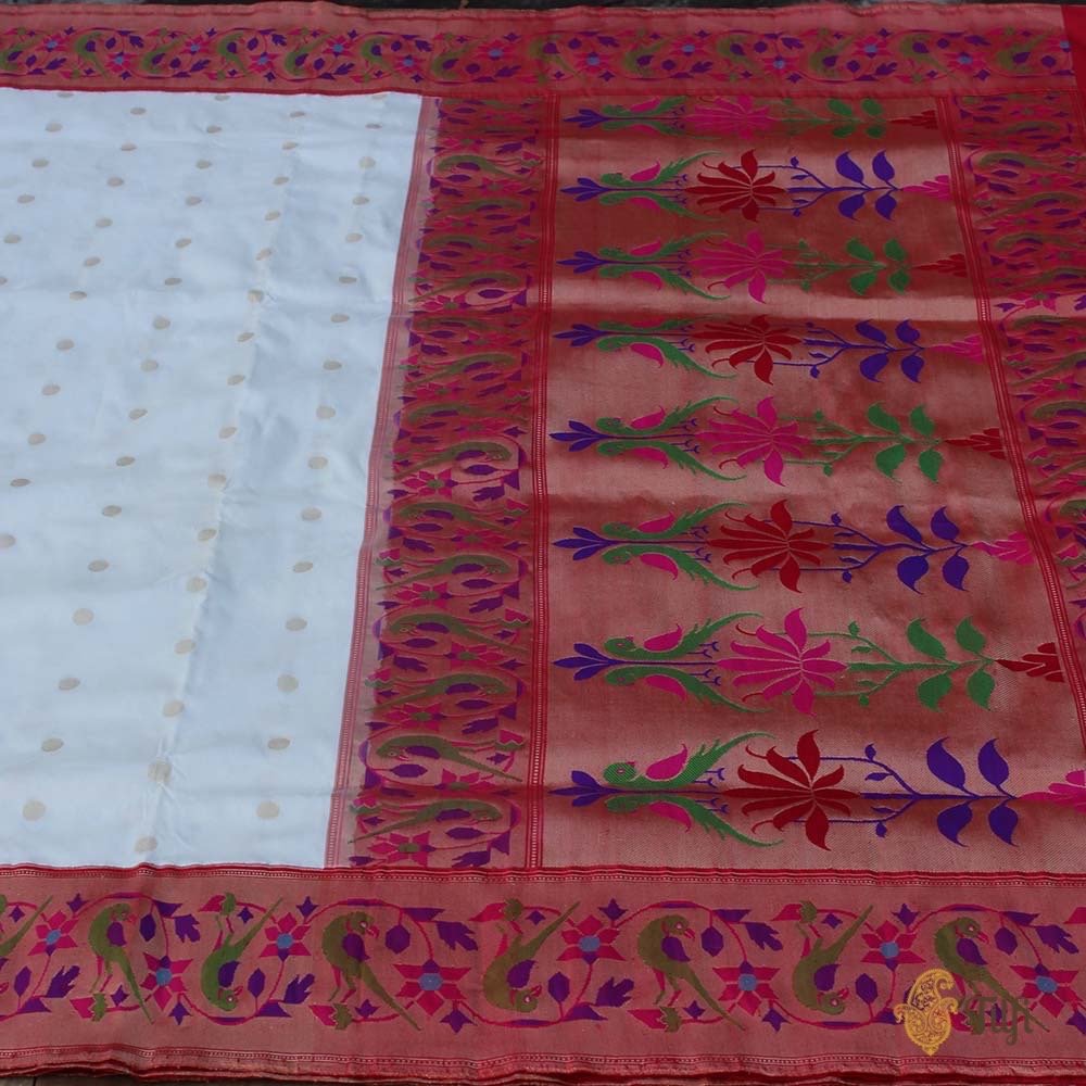 White-Red Pure Katan Silk Banarasi Paithani Handloom Saree