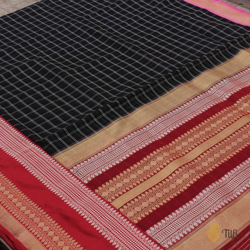 Black-Red Pure Kora Silk Banarasi Handloom Saree