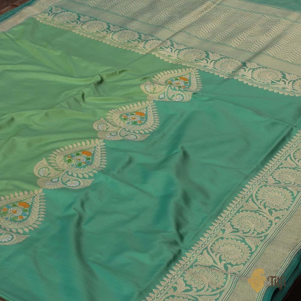Pista Green-Turquoise Green Pure Katan Silk Banarasi Handloom Saree