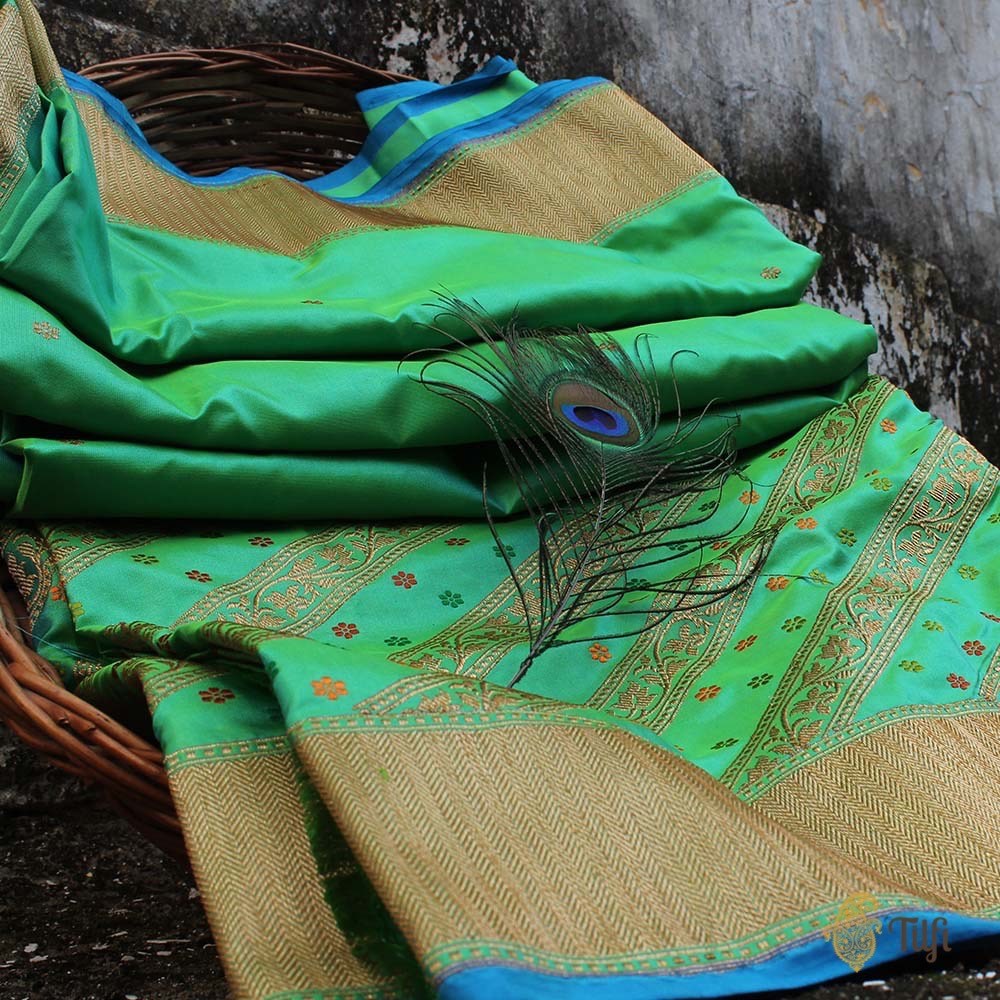 Parrot Green-Turquoise Blue Pure Katan Silk Banarasi Handloom Saree