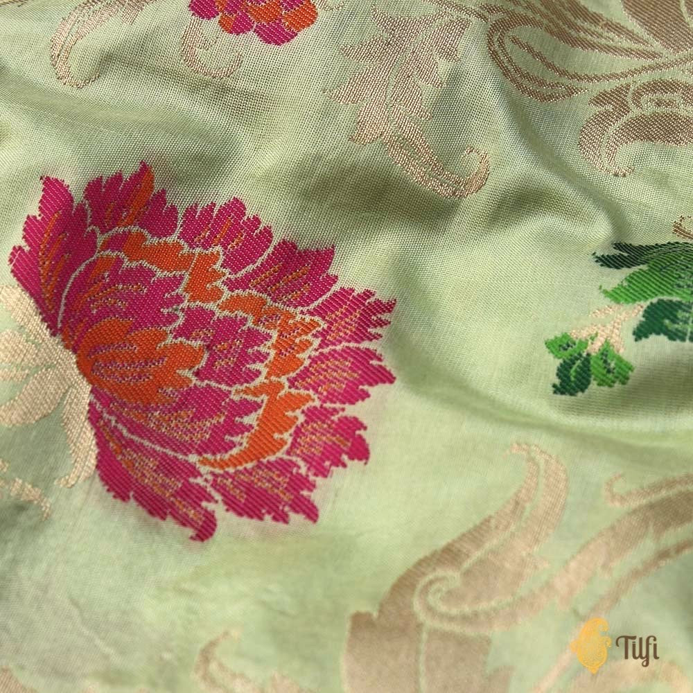 &#39;A Baroque Dream&#39; Light Pista Green Pure Katan Silk Banarasi Handloom Saree