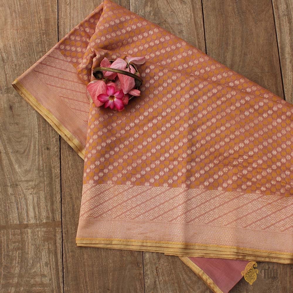 Old Rose Pink Pure Silk by Cotton Banarasi Handloom Saree