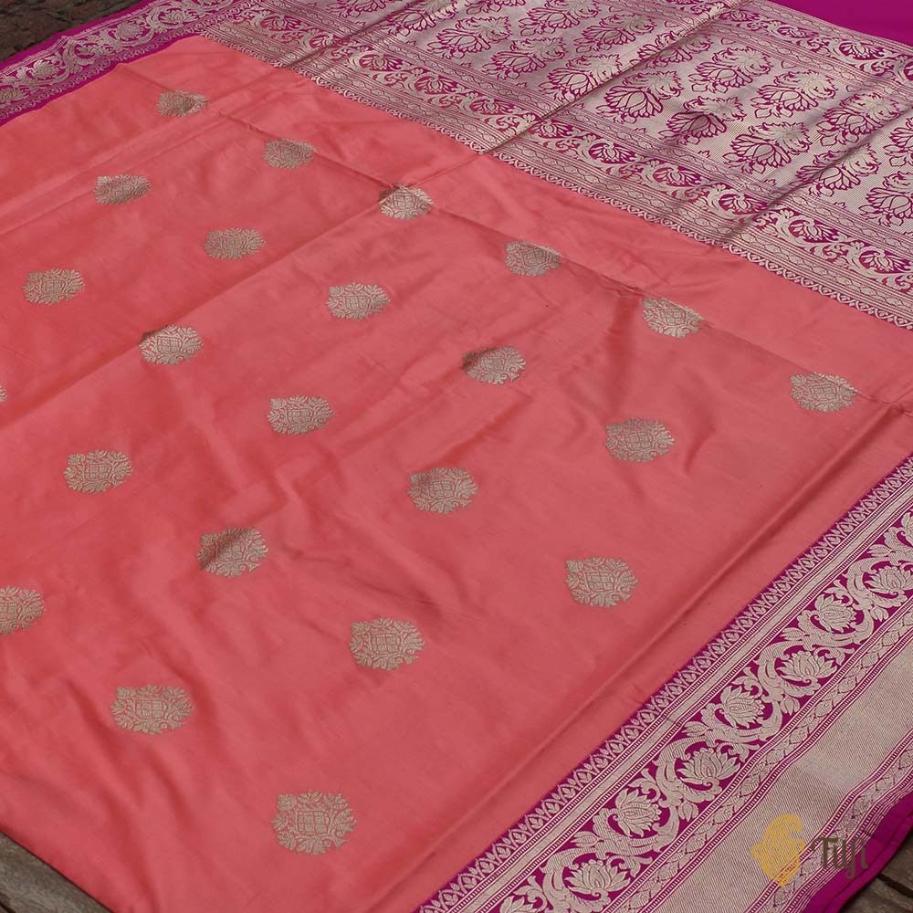 Peach-Rani Pink Pure Katan Silk Banarasi Handloom Saree