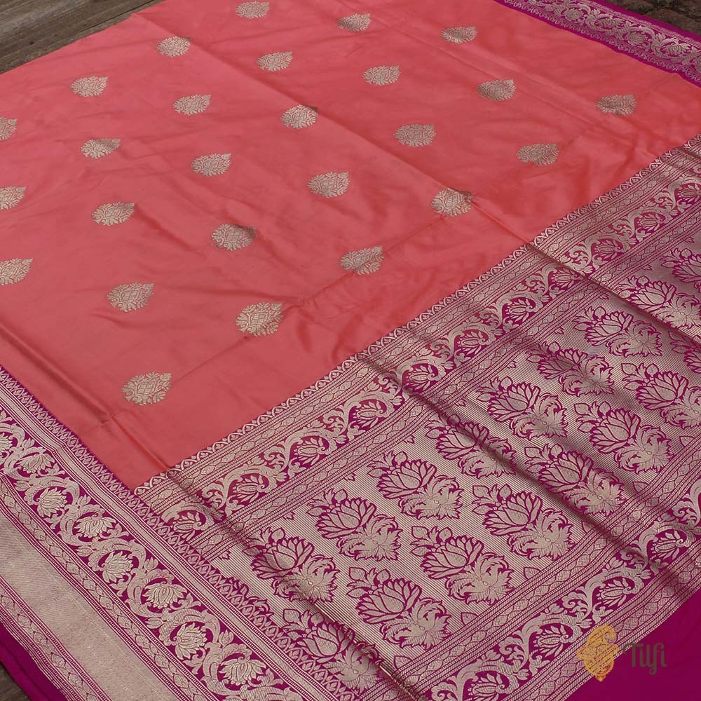 Peach-Rani Pink Pure Katan Silk Banarasi Handloom Saree