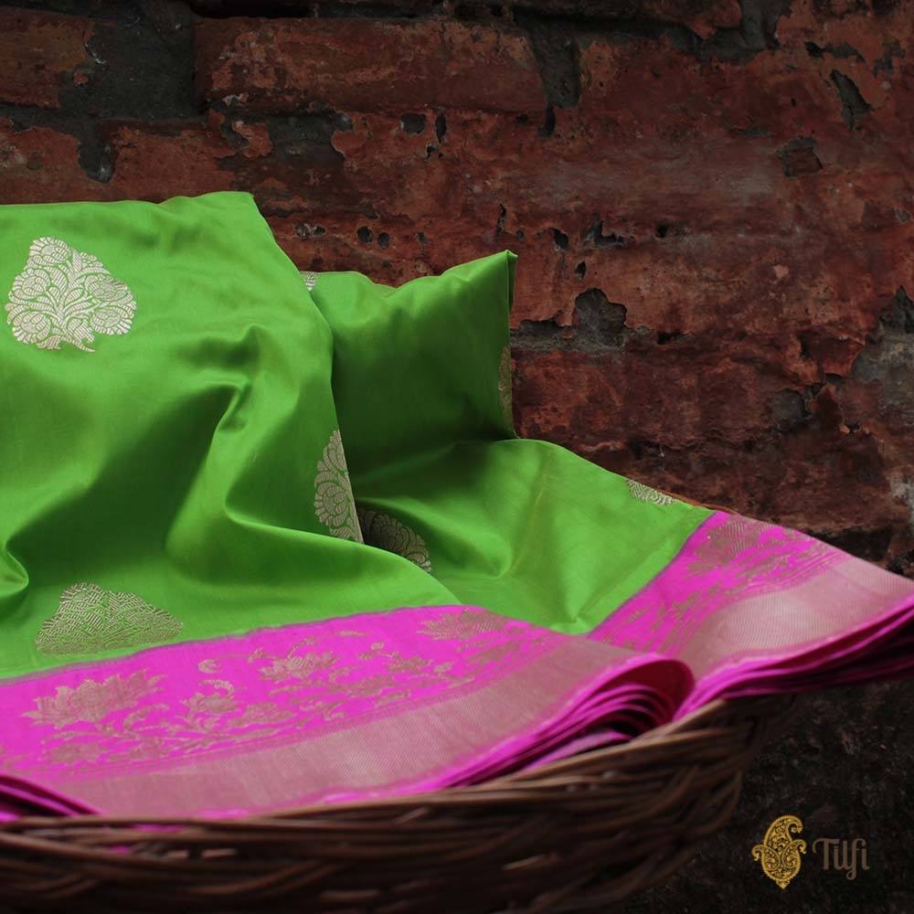 Green-Pink Pure Katan Silk Banarasi Kadiyal Handloom Saree
