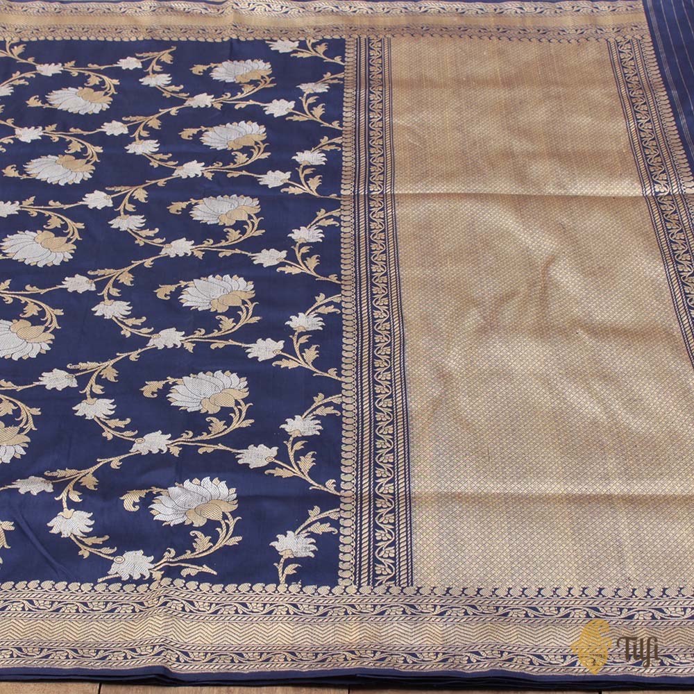 Navy Blue Pure Katan handloom Silk Banarasi Saree — Kadwa Zari Border & Bootis